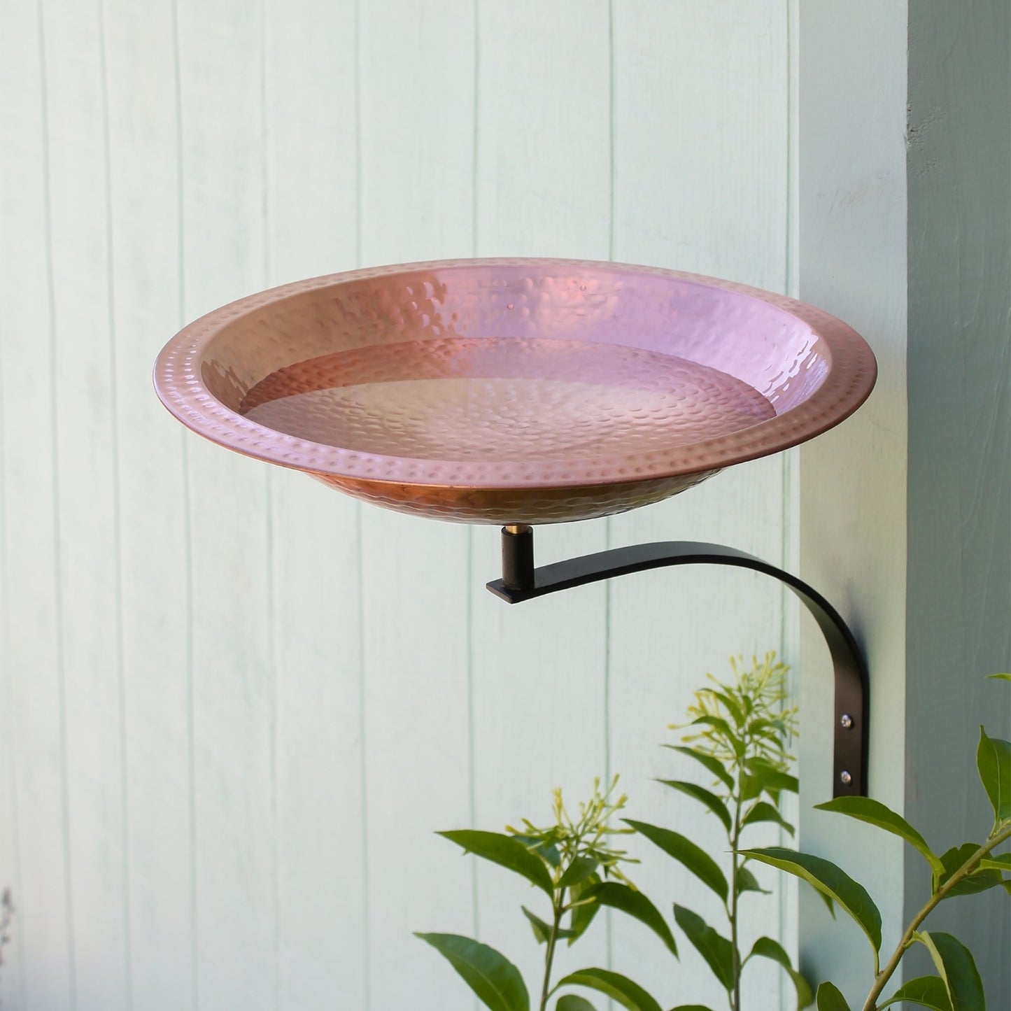 ACHLA Hammered Solid Copper Birdbath Wall Mount | Satin Copper Brass Bowl with Black Wrought Iron Bracket | Balcony & Deck Garden | Model BBHC-03T-WM