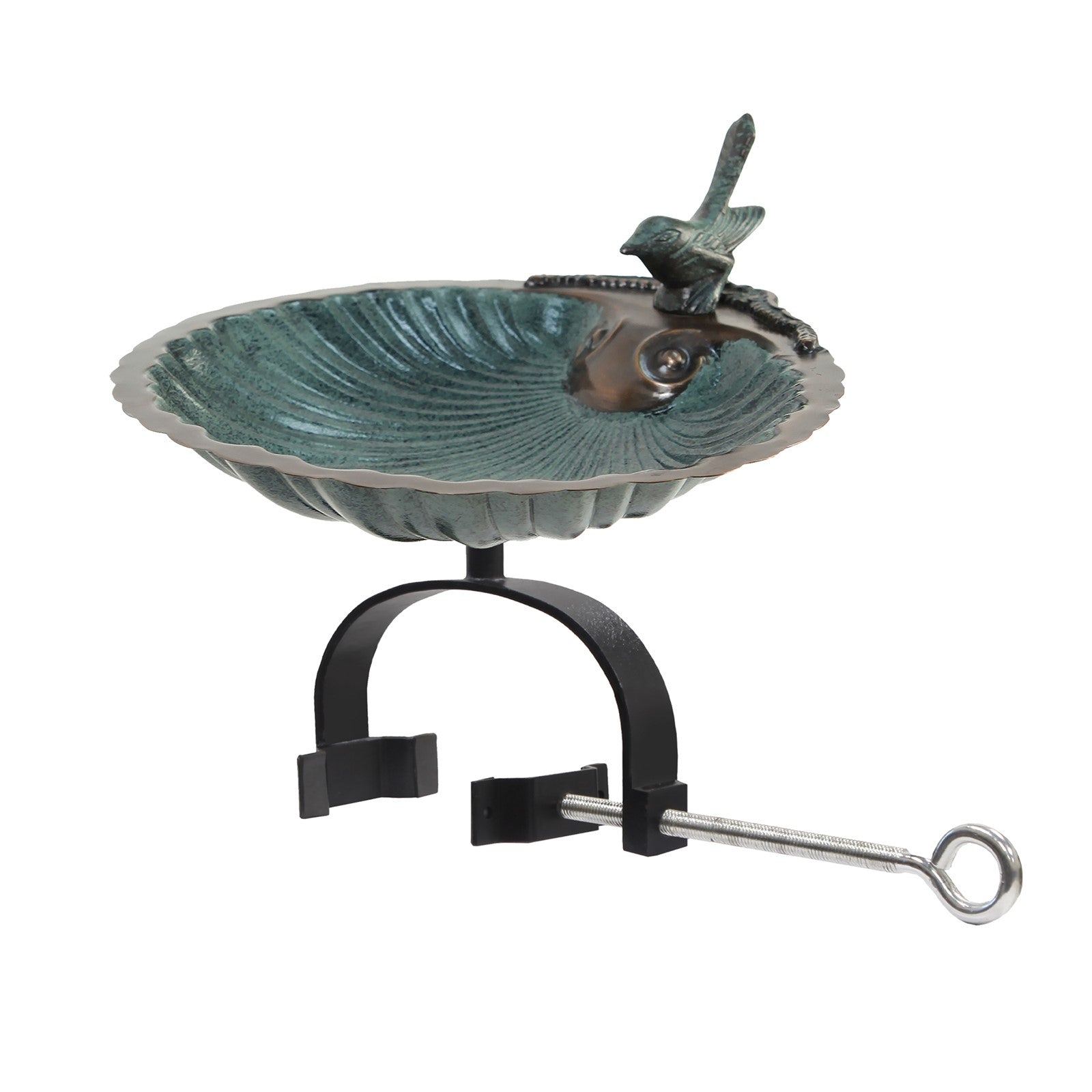ACHLA Scallop Shell Birdbath Over Rail Bracket | Antique Brass Plated Brass and Wrought Iron | Deck, Balcony & Porch Bird Bath | Model BBM-01-OR2
