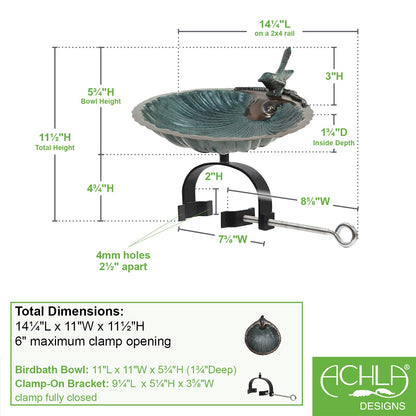 ACHLA Scallop Shell Birdbath Over Rail Bracket | Antique Brass Plated Brass and Wrought Iron | Deck, Balcony & Porch Bird Bath | Model BBM-01-OR2