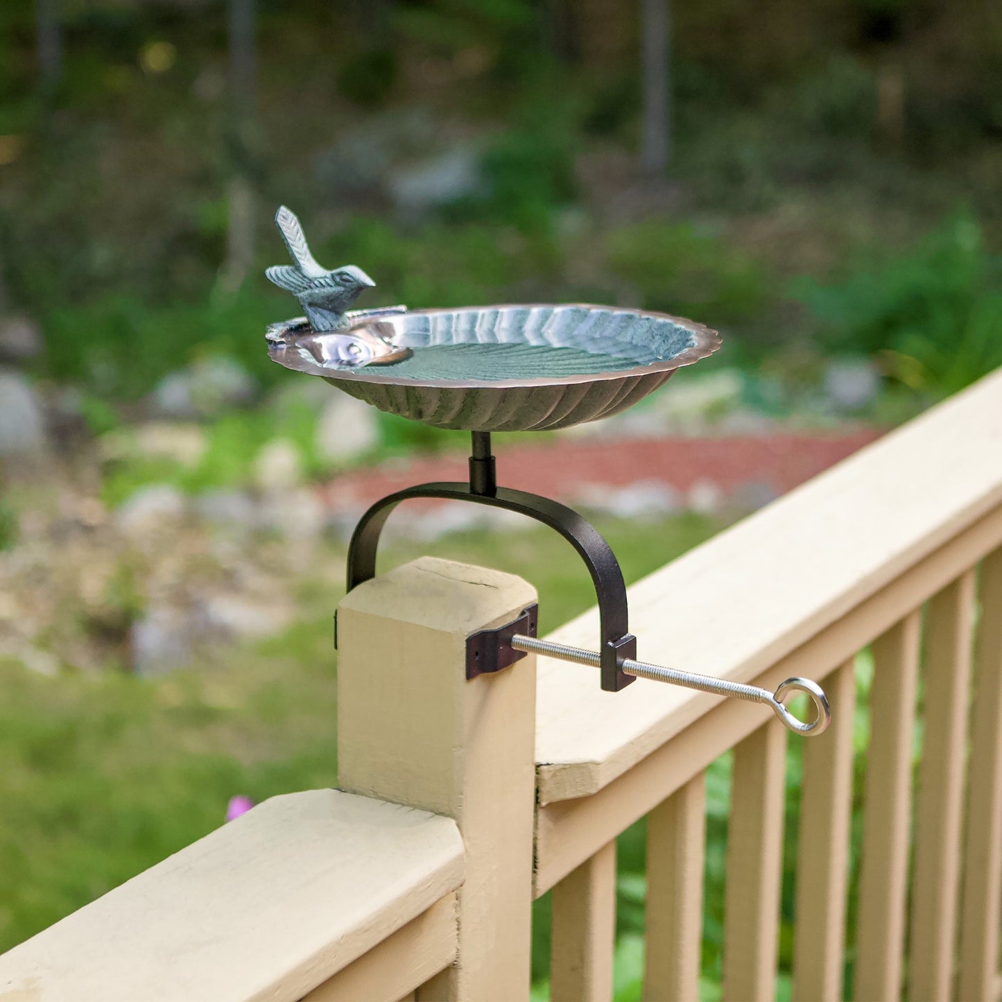ACHLA Scallop Shell Birdbath Over Rail Bracket | Antique Brass Plated Brass and Wrought Iron | Deck, Balcony & Porch Bird Bath | Model BBM-01-OR2