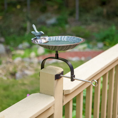 ACHLA Scallop Shell Birdbath Over Rail Bracket | Antique Brass Plated Brass and Wrought Iron | Deck, Balcony & Porch Bird Bath | Model BBM-01-OR2