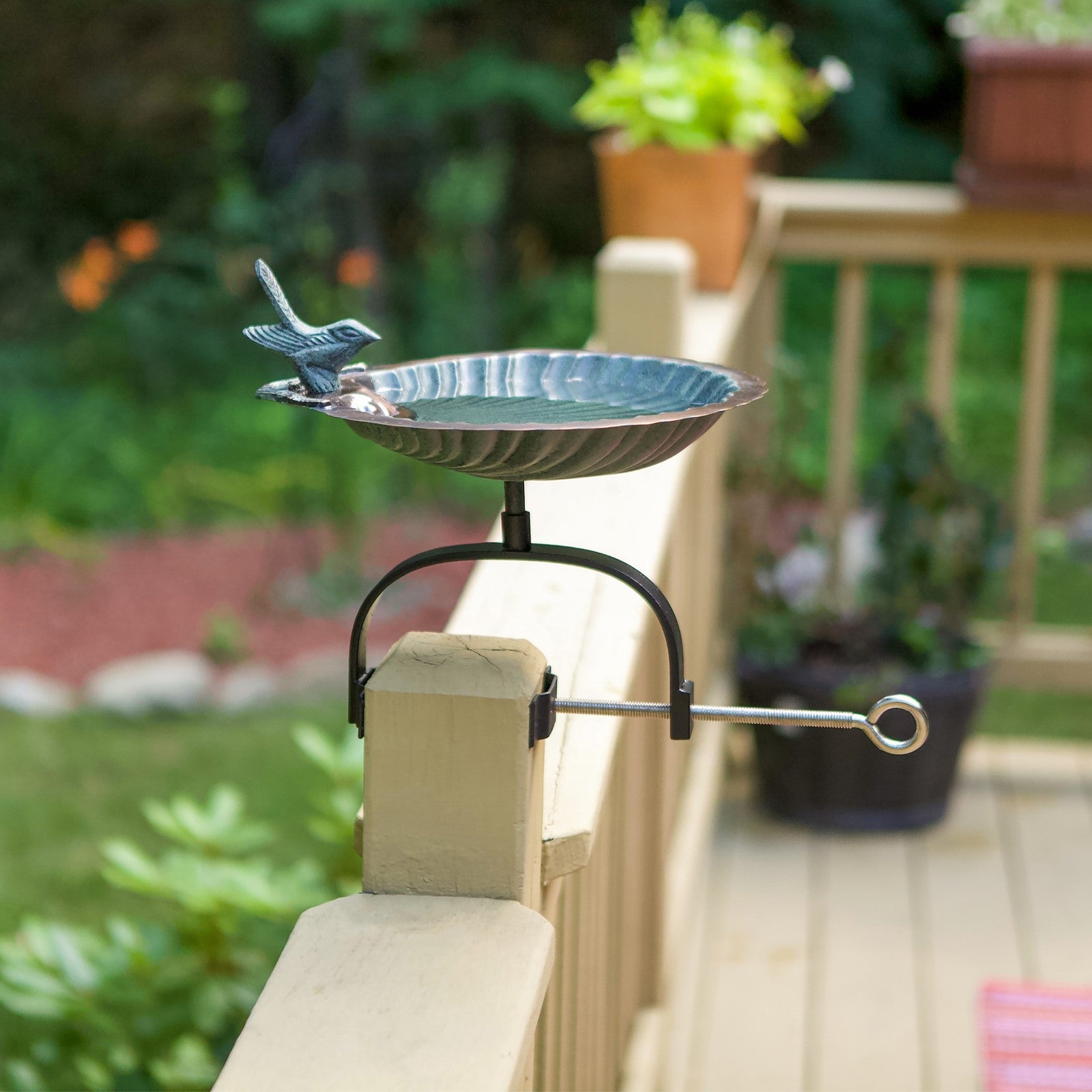 ACHLA Scallop Shell Birdbath Over Rail Bracket | Antique Brass Plated Brass and Wrought Iron | Deck, Balcony & Porch Bird Bath | Model BBM-01-OR2