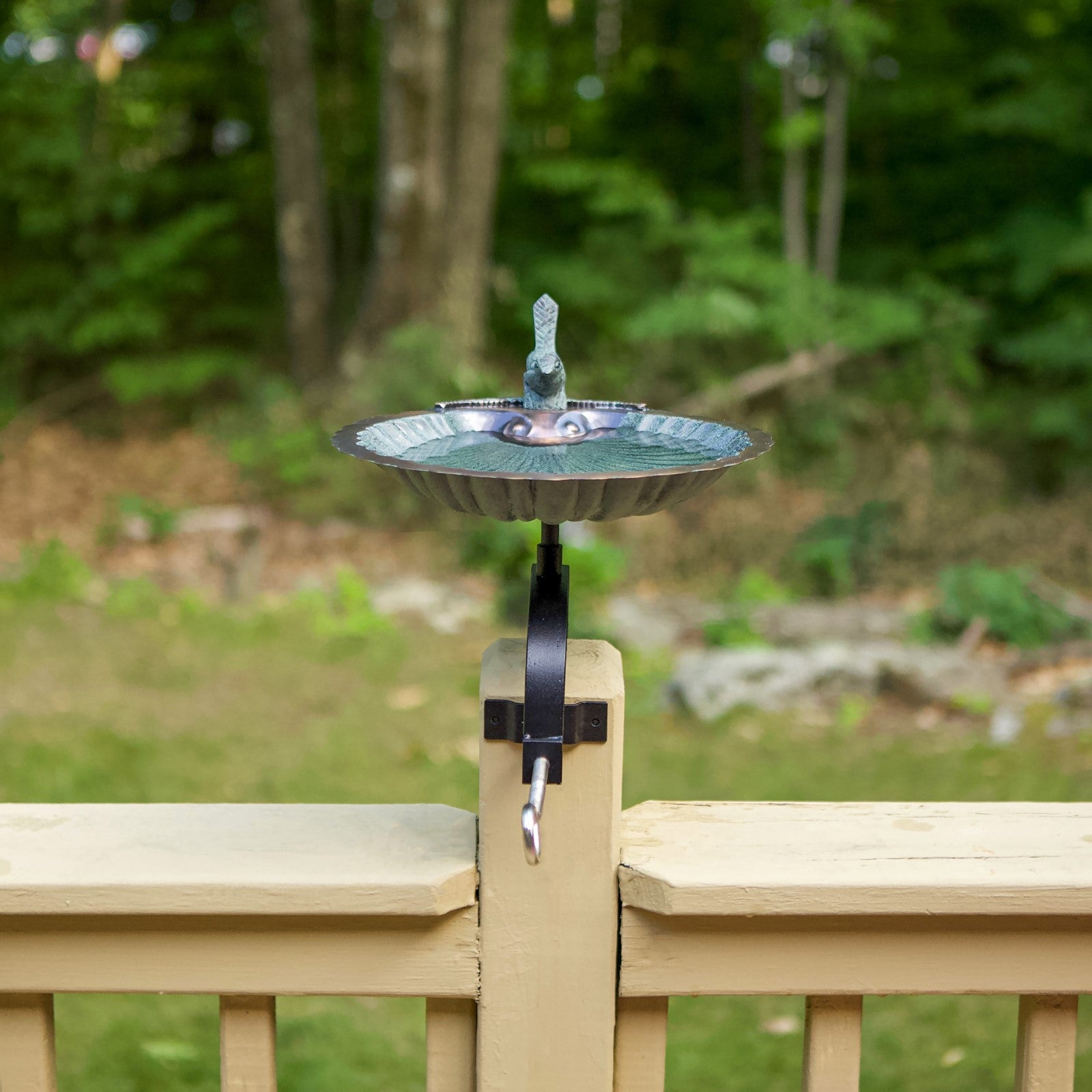 ACHLA Scallop Shell Birdbath Over Rail Bracket | Antique Brass Plated Brass and Wrought Iron | Deck, Balcony & Porch Bird Bath | Model BBM-01-OR2