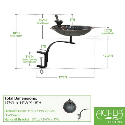 ACHLA Scallop Shell Birdbath Rail Mount | Antique Brass and Verdigris Patina Brass | Deck, Balcony & Porch Bird Bath | Model BBM-01-RM