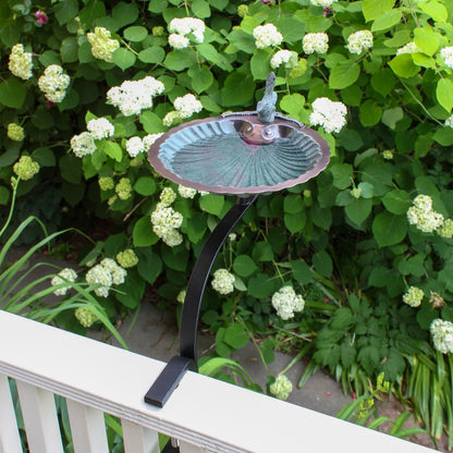 ACHLA Scallop Shell Birdbath Rail Mount | Antique Brass and Verdigris Patina Brass | Deck, Balcony & Porch Bird Bath | Model BBM-01-RM