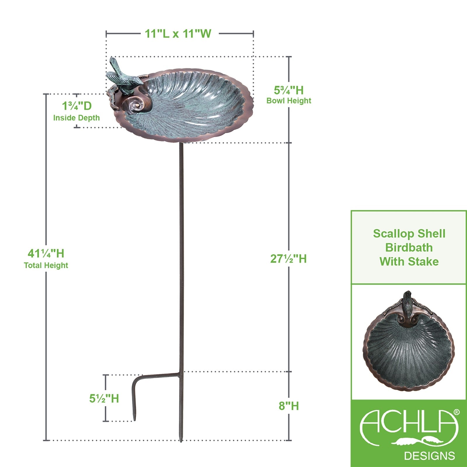 ACHLA Scallop Shell Birdbath with Stand | Antique Brass with Verdi Finish Brass | Garden & Patio Bird Bath | 11 x 11 x 2.5-4 in | Model BBM-01-S