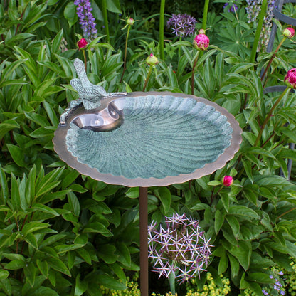 ACHLA Scallop Shell Birdbath with Stand | Antique Brass with Verdi Finish Brass | Garden & Patio Bird Bath | 11 x 11 x 2.5-4 in | Model BBM-01-S