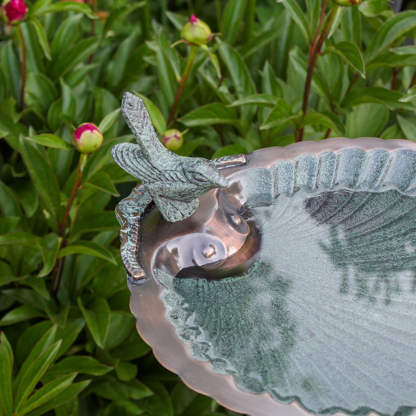 ACHLA Scallop Shell Birdbath with Stand | Antique Brass with Verdi Finish Brass | Garden & Patio Bird Bath | 11 x 11 x 2.5-4 in | Model BBM-01-S