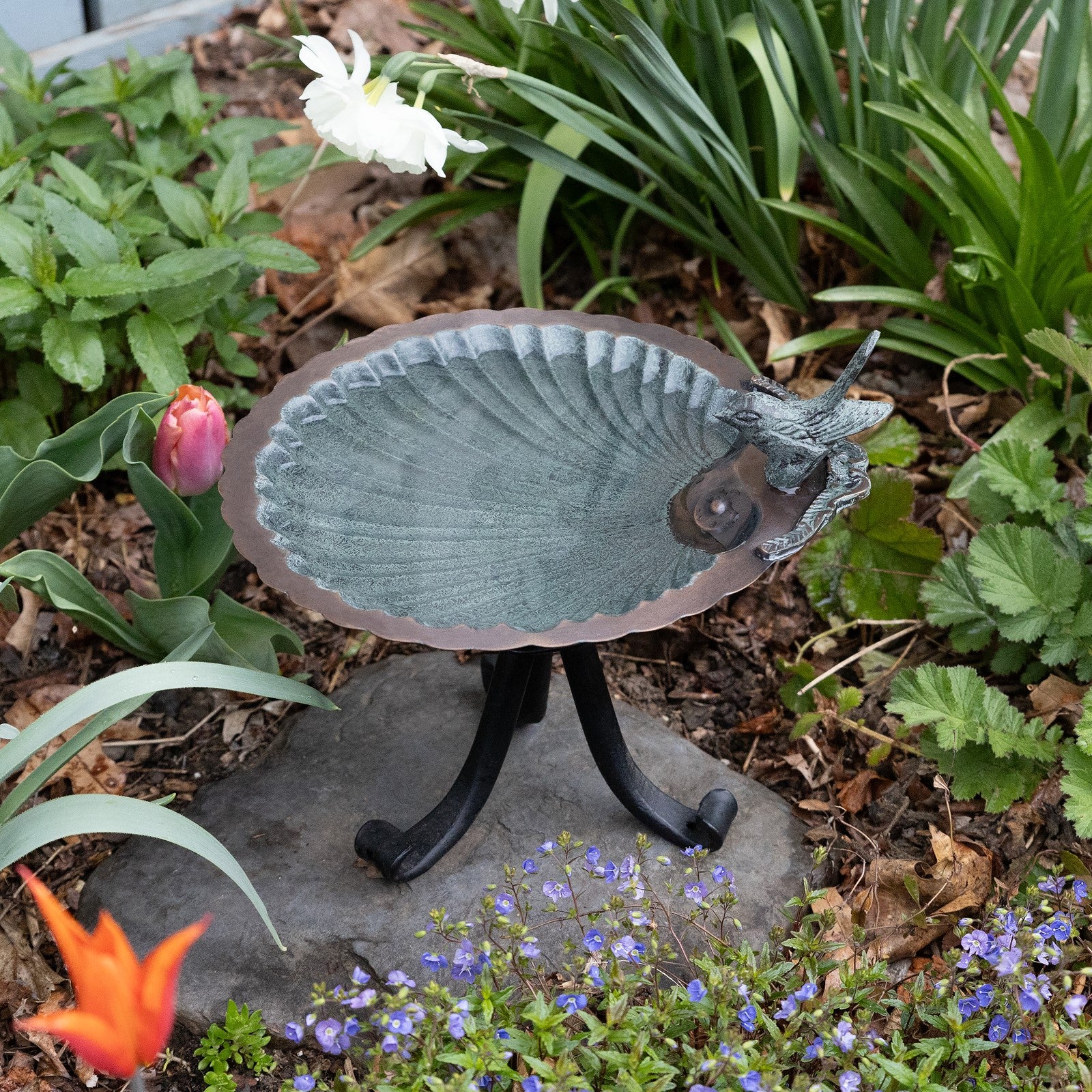 ACHLA Scallop Shell Birdbath with Tripod Stand | Antique Brass Plated Brass and Wrought Iron | Garden & Patio Bird Bath | Model BBM-01-TR