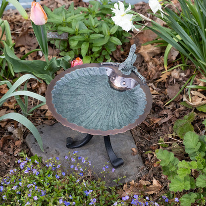 ACHLA Scallop Shell Birdbath with Tripod Stand | Antique Brass Plated Brass and Wrought Iron | Garden & Patio Bird Bath | Model BBM-01-TR