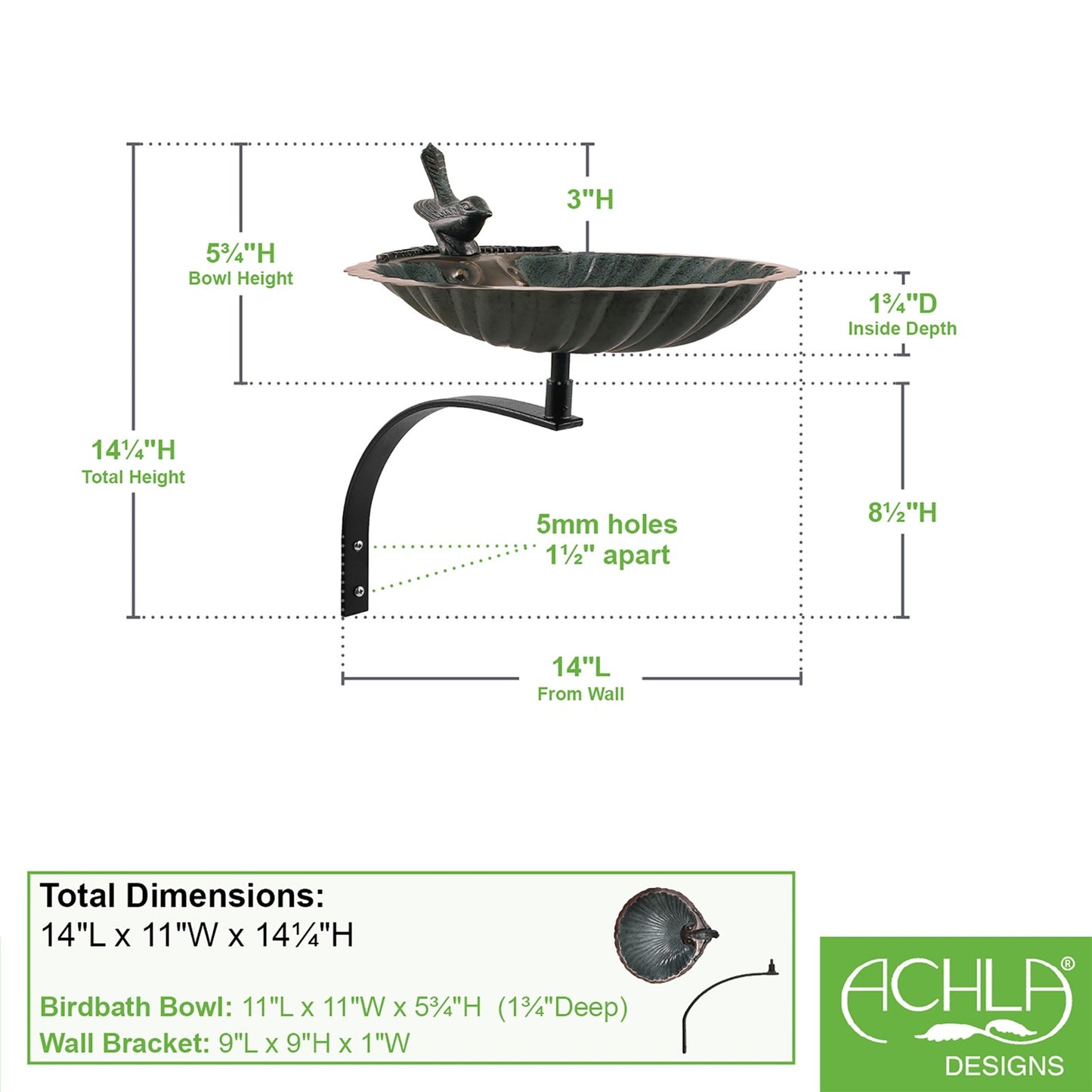 ACHLA Scallop Shell Birdbath 14in Wall Mount | Antique Brass Plated Brass and Wrought Iron | Porch & Deck Garden Accent | Model BBM-01-WM