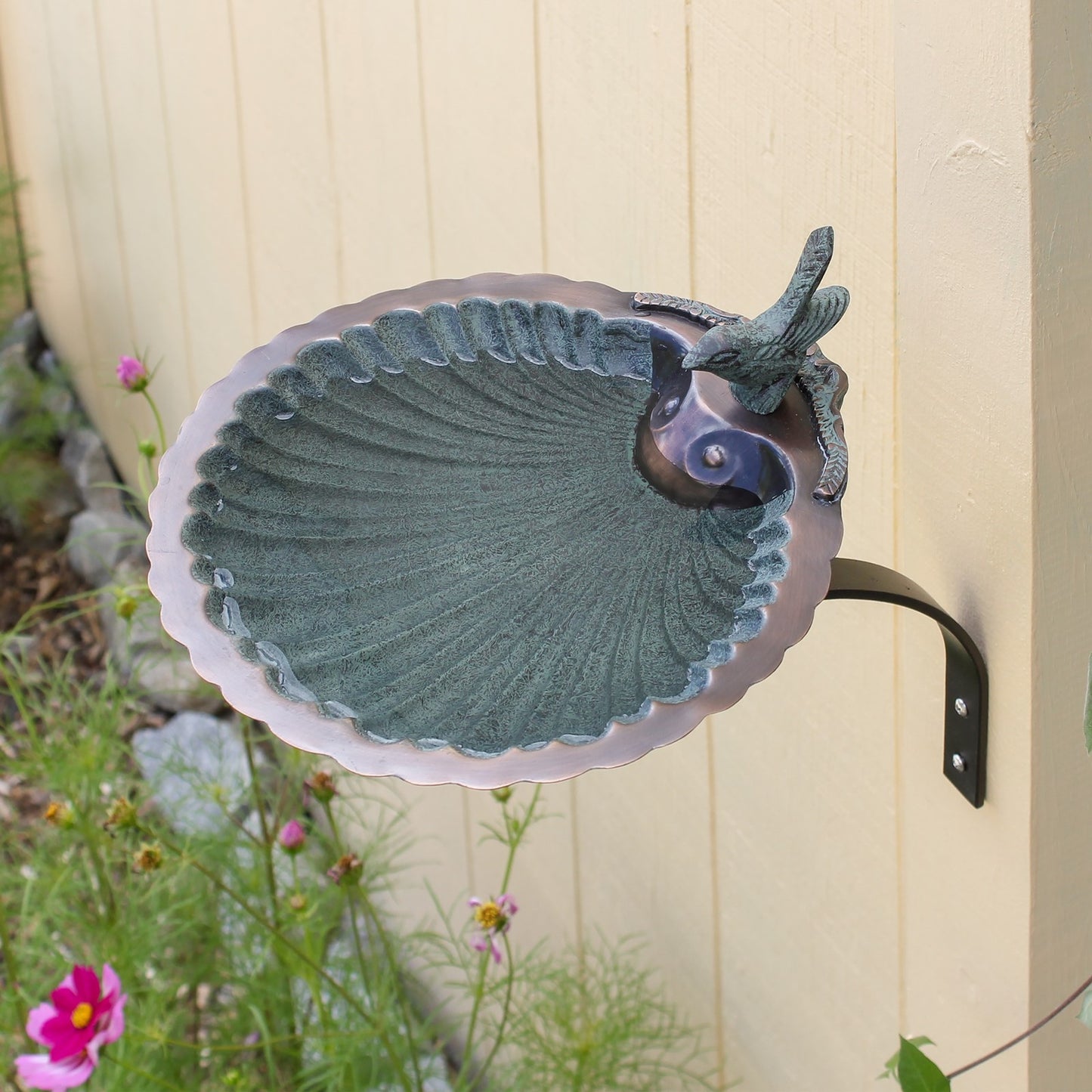 ACHLA Scallop Shell Birdbath 14in Wall Mount | Antique Brass Plated Brass and Wrought Iron | Porch & Deck Garden Accent | Model BBM-01-WM