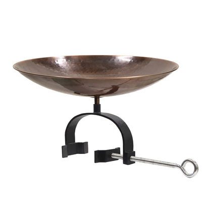 ACHLA Burnt Copper Birdbath Over Rail Bracket | Hammered Copper Bowl on Black Wrought Iron | Deck, Porch & Balcony Bird Bath | Model BCB-01-OR2