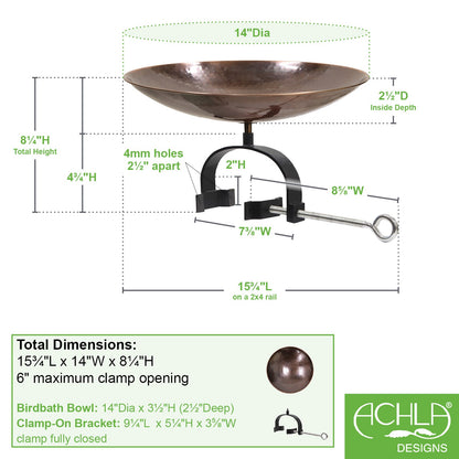 ACHLA Burnt Copper Birdbath Over Rail Bracket | Hammered Copper Bowl on Black Wrought Iron | Deck, Porch & Balcony Bird Bath | Model BCB-01-OR2