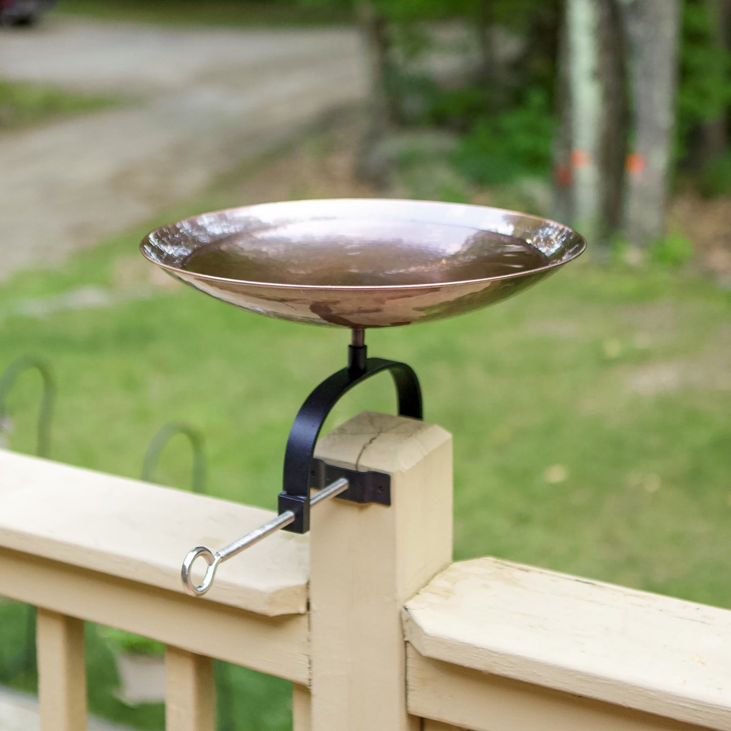 ACHLA Burnt Copper Birdbath Over Rail Bracket | Hammered Copper Bowl on Black Wrought Iron | Deck, Porch & Balcony Bird Bath | Model BCB-01-OR2