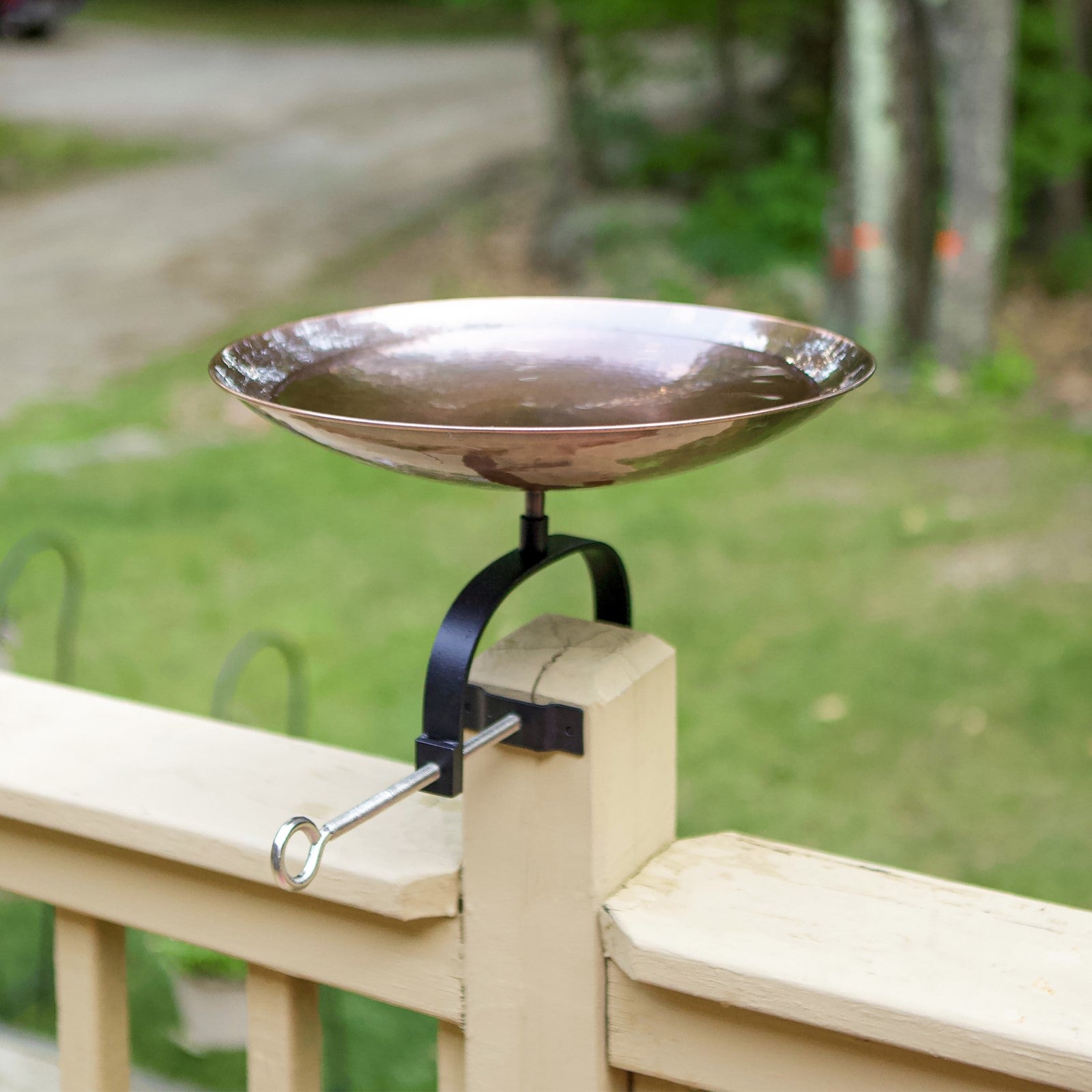 ACHLA Burnt Copper Birdbath Over Rail Bracket | Hammered Copper Bowl on Black Wrought Iron | Deck, Porch & Balcony Bird Bath | Model BCB-01-OR2