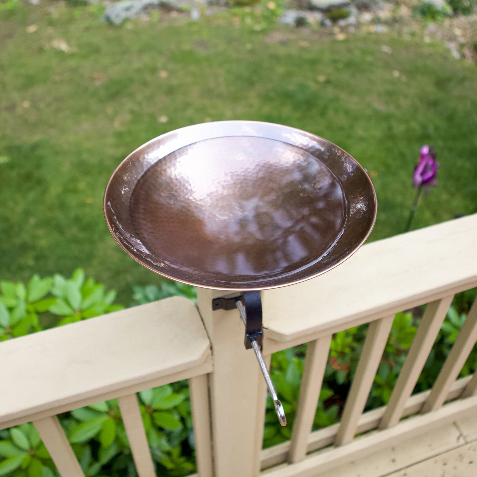 ACHLA Burnt Copper Birdbath Over Rail Bracket | Hammered Copper Bowl on Black Wrought Iron | Deck, Porch & Balcony Bird Bath | Model BCB-01-OR2