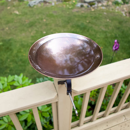 ACHLA Burnt Copper Birdbath Over Rail Bracket | Hammered Copper Bowl on Black Wrought Iron | Deck, Porch & Balcony Bird Bath | Model BCB-01-OR2