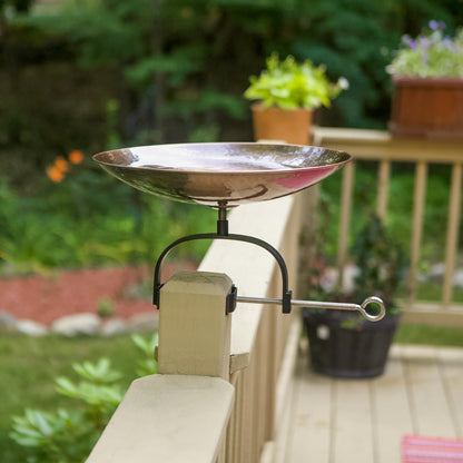 ACHLA Burnt Copper Birdbath Over Rail Bracket | Hammered Copper Bowl on Black Wrought Iron | Deck, Porch & Balcony Bird Bath | Model BCB-01-OR2