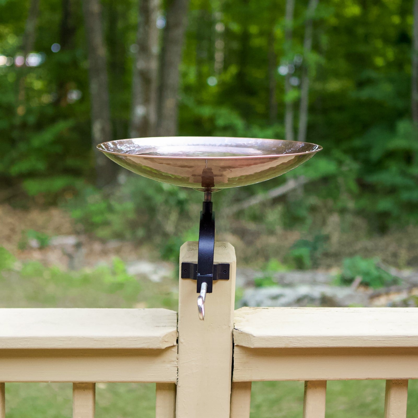ACHLA Burnt Copper Birdbath Over Rail Bracket | Hammered Copper Bowl on Black Wrought Iron | Deck, Porch & Balcony Bird Bath | Model BCB-01-OR2