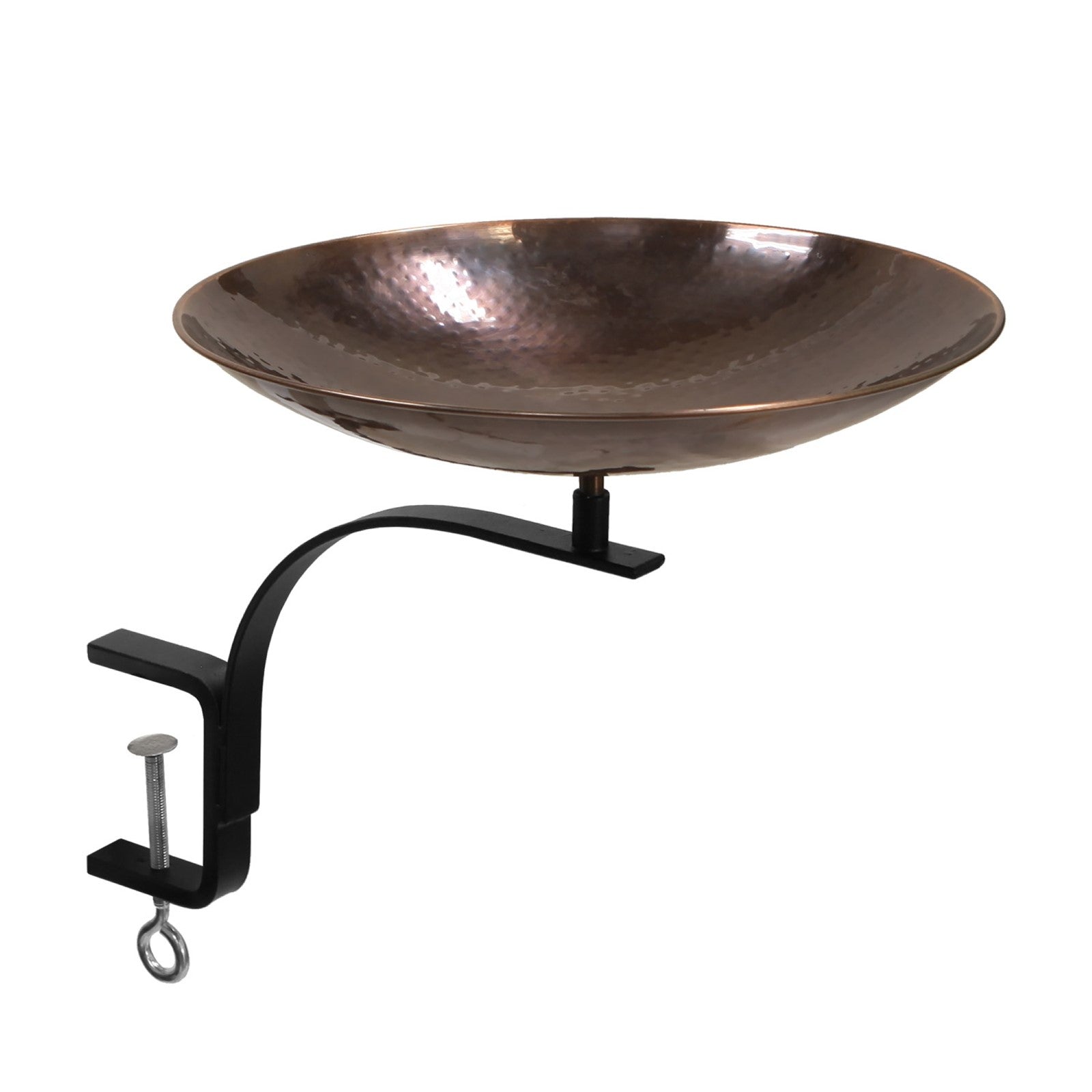 ACHLA Burnt Birdbath with Rail Mount Bracket | Hammered Copper Bowl on Black Wrought Iron | Deck, Porch & Balcony Birdbath | Model BCB-01-RM