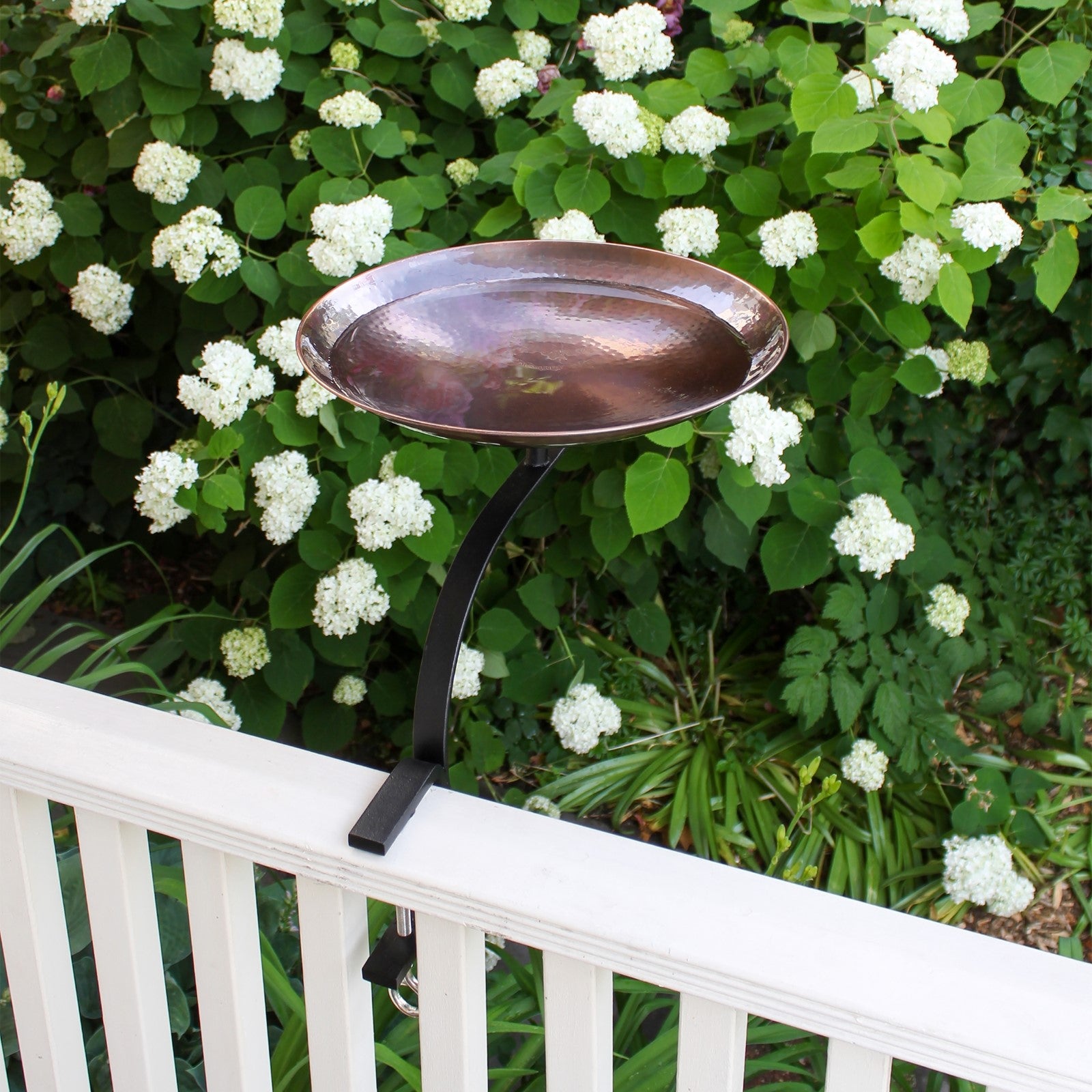 ACHLA Burnt Birdbath with Rail Mount Bracket | Hammered Copper Bowl on Black Wrought Iron | Deck, Porch & Balcony Birdbath | Model BCB-01-RM