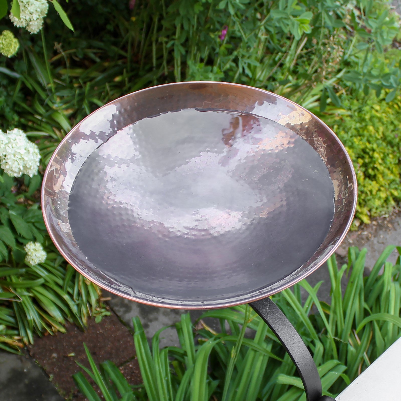 ACHLA Burnt Birdbath with Rail Mount Bracket | Hammered Copper Bowl on Black Wrought Iron | Deck, Porch & Balcony Birdbath | Model BCB-01-RM