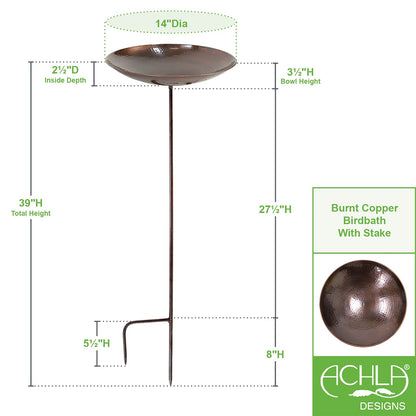 ACHLA Burnt Copper Birdbath with Stand | Hammered Stainless Steel Antique Copper Finish | Outdoor Garden & Patio Bird Bath | Model BCB-01-S