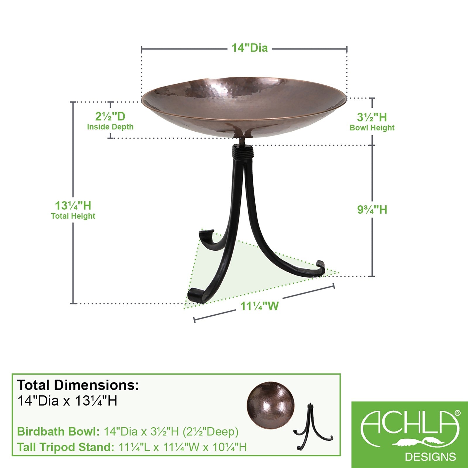ACHLA Burnt Copper Birdbath Tripod Stand | Hammered Copper Bowl on Wrought Iron Base | Garden & Patio Accent | 14 x 14 x 13 in | Model BCB-01-TR2