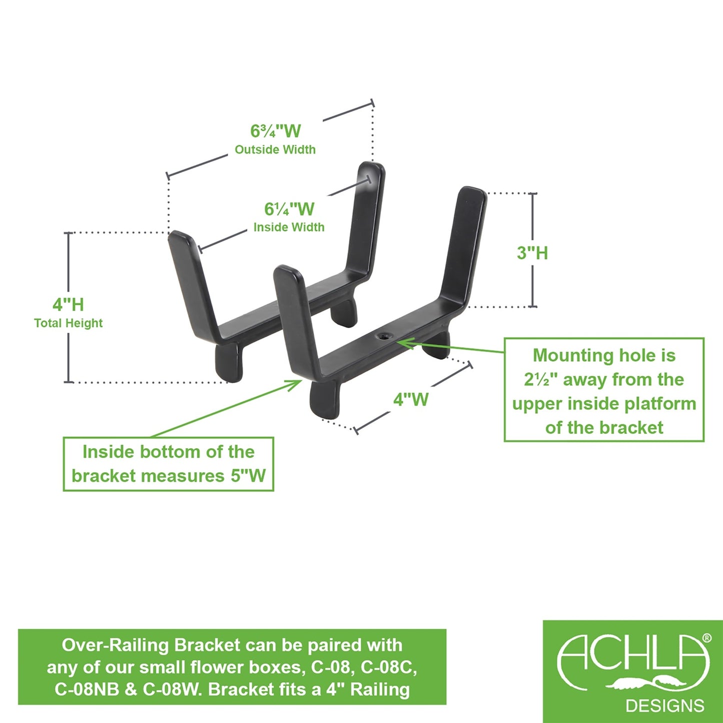 ACHLA 6in Flower Box Bracket for 2x4 Railing | Wrought Iron Black Powdercoat | Deck, Porch & Balcony Planter Support | 1 x 7 x 4 in | Model BGK-13-08