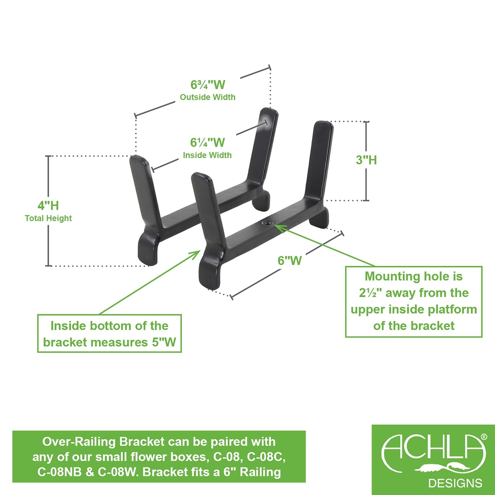 ACHLA 6in Flower Box Bracket for 2x6 Railing | Wrought Iron Black Powdercoat | Deck, Porch & Balcony Planter Support | 1 x 7 x 4 in | Model BGK-14-08