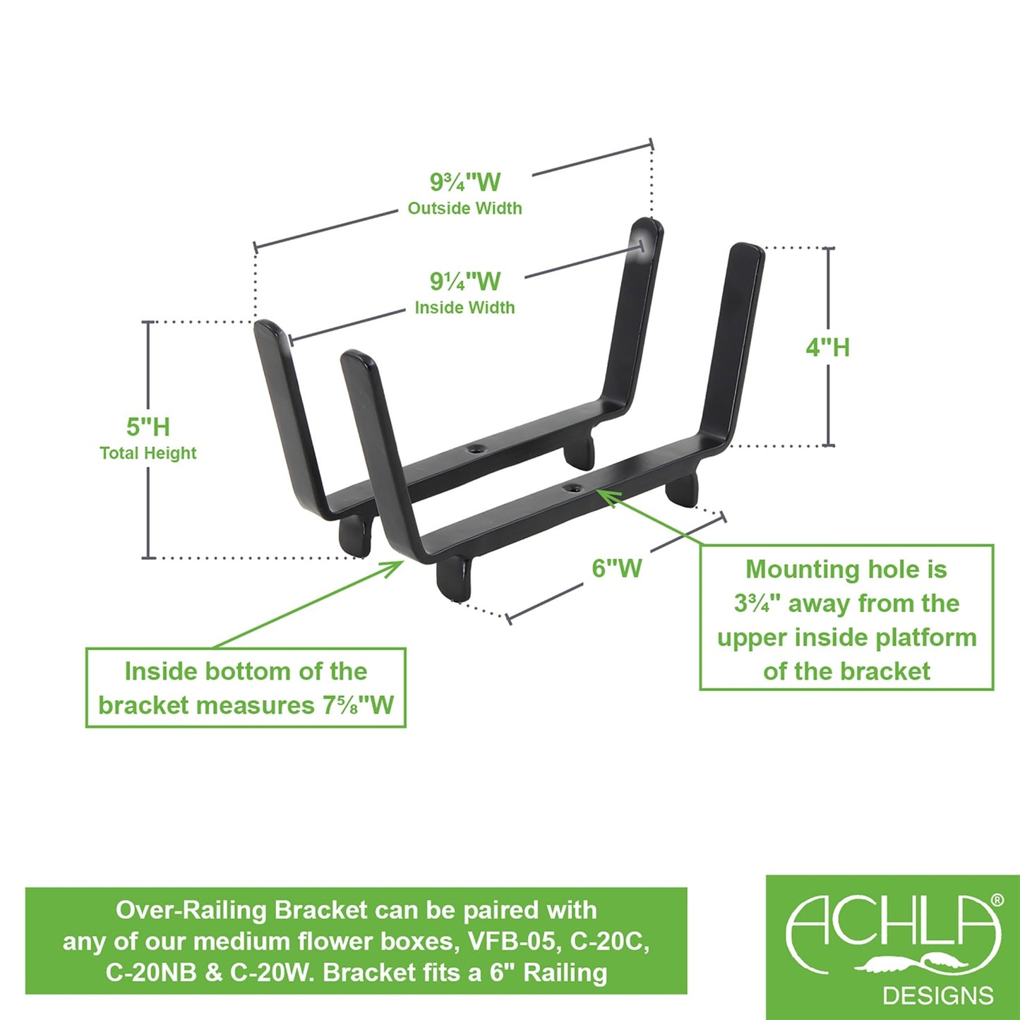 ACHLA 8in Flower Box Bracket for 2x6 Railing | Wrought Iron Black Powdercoat | Deck, Balcony & Porch Planter Support | 1 x 10 x 5 in | Model BGK-14-20