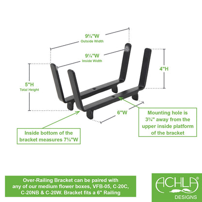 ACHLA 8in Flower Box Bracket for 2x6 Railing | Wrought Iron Black Powdercoat | Deck, Balcony & Porch Planter Support | 1 x 10 x 5 in | Model BGK-14-20