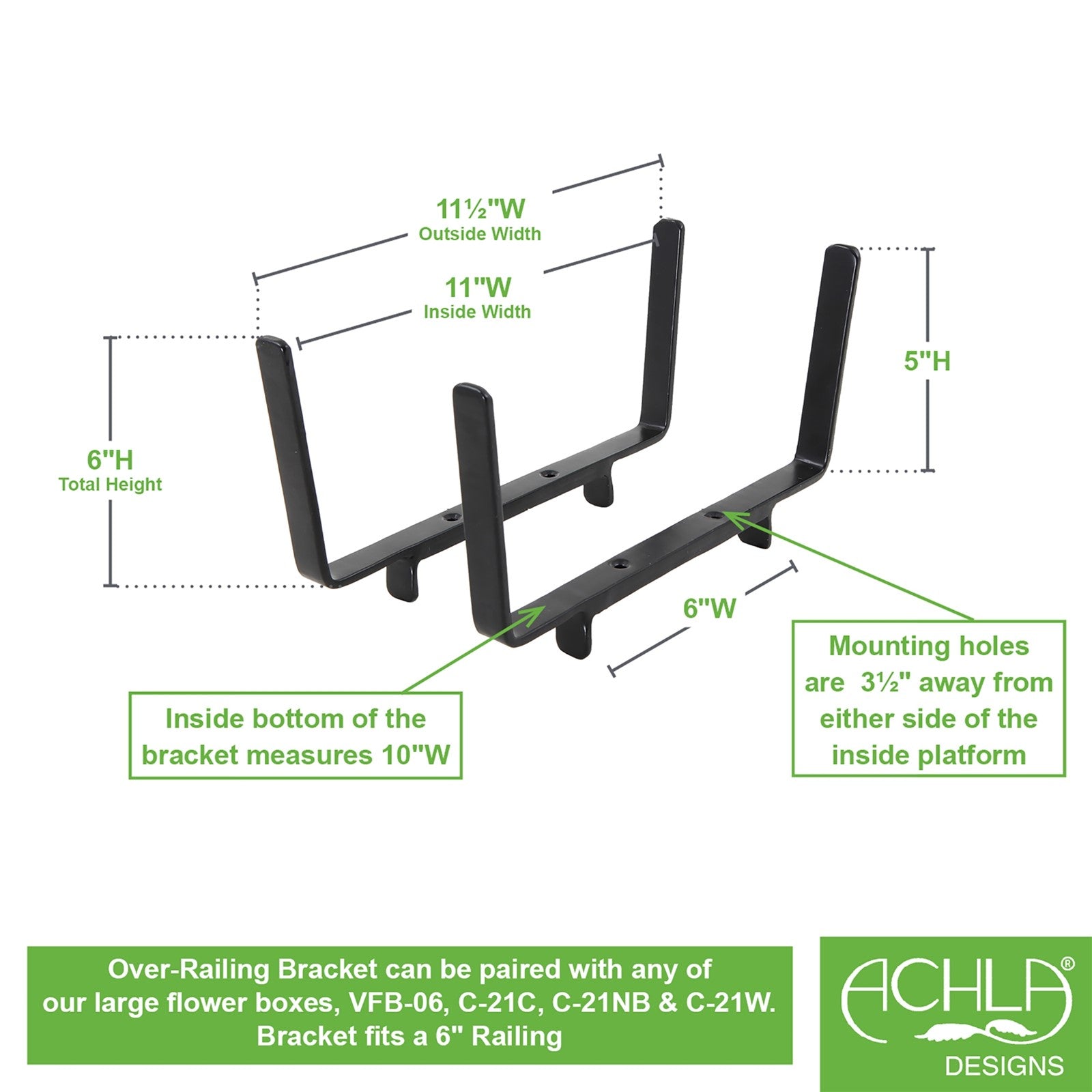 ACHLA 10in Flower Box Bracket for 2x6 Railing | Wrought Iron Black Powdercoat | Deck & Porch Planter Support | 1 x 12 x 6 in | Model BGK-14-21