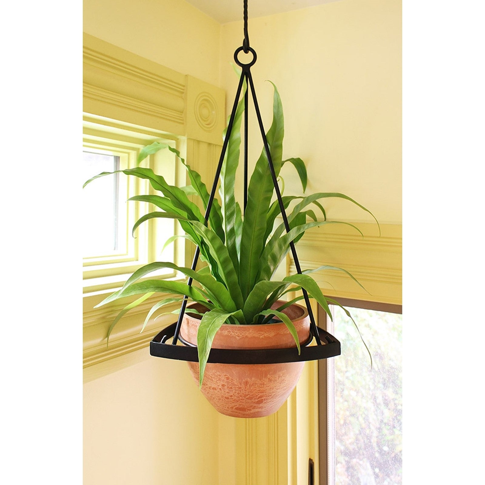 ACHLA Lina I Plant Hanger | Terra Cotta Polymer-Wood-Stone Blend Pot with Black Wrought Iron Stand | Indoor & Outdoor Hanging Planter | Model BH-01
