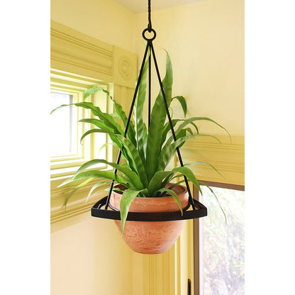 ACHLA Lina I Plant Hanger | Terra Cotta Polymer-Wood-Stone Blend Pot with Black Wrought Iron Stand | Indoor & Outdoor Hanging Planter | Model BH-01