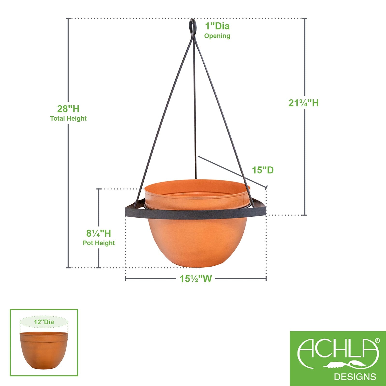 ACHLA Lina Hanging Planter II | Burnt Sienna Galvanized Steel and Black Wrought Iron | Indoor & Outdoor Container Garden | Model BH-02-64BS