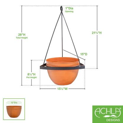 ACHLA Lina Hanging Planter II | Burnt Sienna Galvanized Steel and Black Wrought Iron | Indoor & Outdoor Container Garden | Model BH-02-64BS
