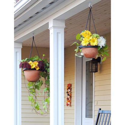 ACHLA Lina II Plant Hanger | Terra Cotta Polymer-Wood-Stone Pot with Black Wrought Iron Stand | Indoor & Outdoor Container Garden | Model BH-02