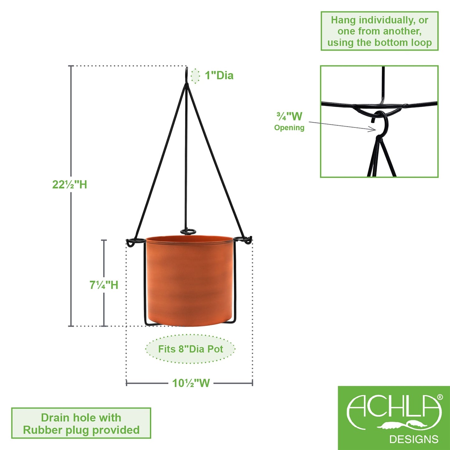 ACHLA Vera Hanging Planter | Burnt Sienna Galvanized Steel Pot with Black Wrought Iron Frame | Indoor & Outdoor Container Garden | Model BH-03-62BS