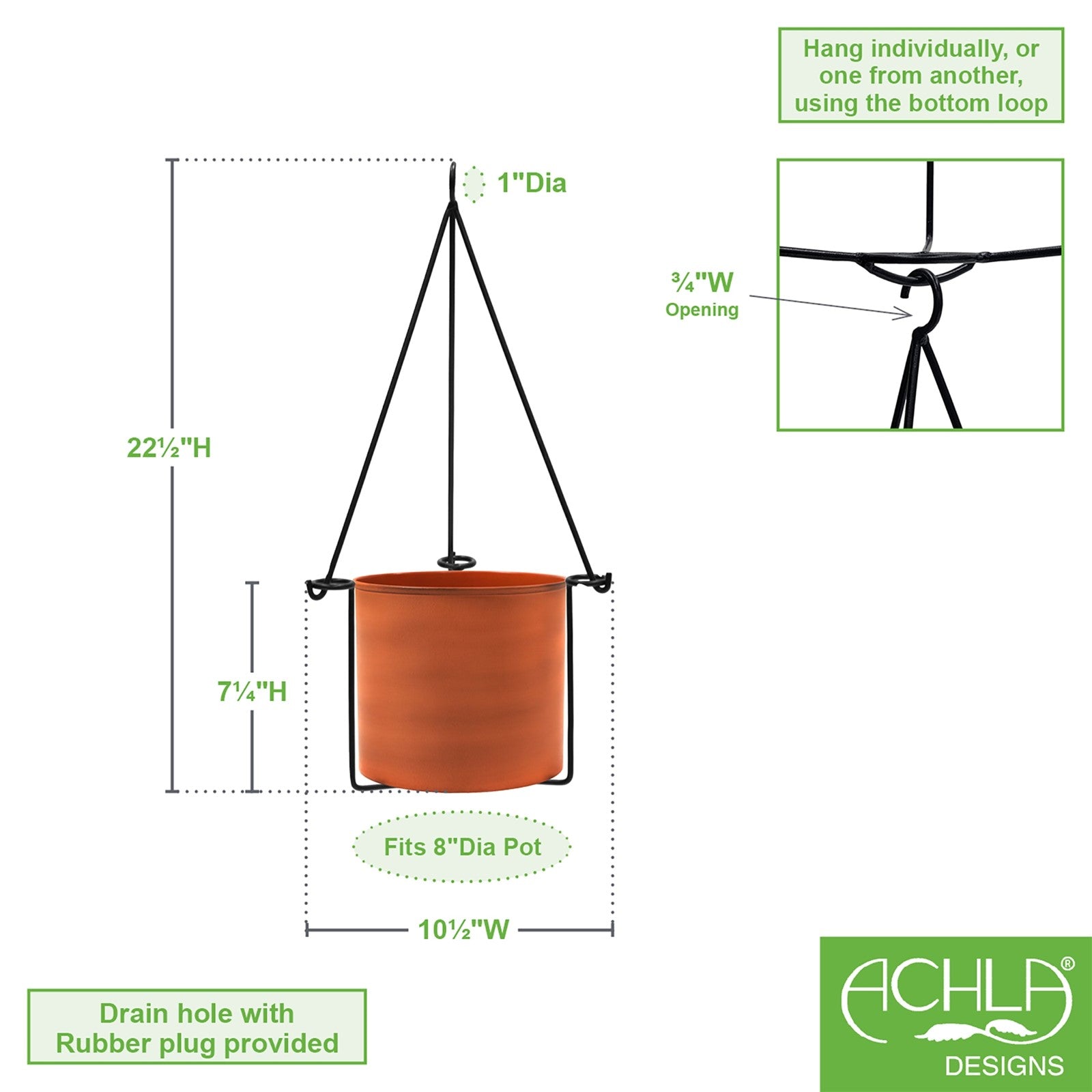 ACHLA Vera Hanging Planter | Burnt Sienna Galvanized Steel Pot with Black Wrought Iron Frame | Indoor & Outdoor Container Garden | Model BH-03-62BS