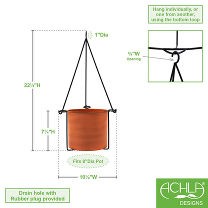 ACHLA Vera Hanging Planter | Burnt Sienna Galvanized Steel Pot with Black Wrought Iron Frame | Indoor & Outdoor Container Garden | Model BH-03-62BS