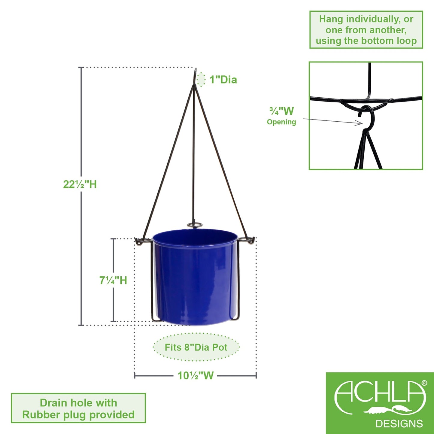 ACHLA Vera Hanging Planter Pot | French Blue Galvanized Steel and Black Wrought Iron | Indoor & Outdoor Container Garden | Model BH-03-62FB