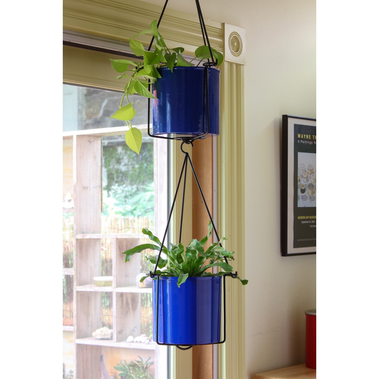 ACHLA Vera Hanging Planter Pot | French Blue Galvanized Steel and Black Wrought Iron | Indoor & Outdoor Container Garden | Model BH-03-62FB