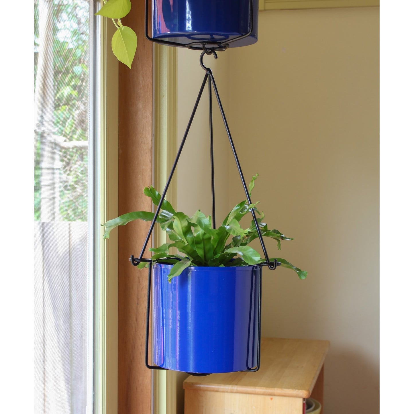 ACHLA Vera Hanging Planter Pot | French Blue Galvanized Steel and Black Wrought Iron | Indoor & Outdoor Container Garden | Model BH-03-62FB