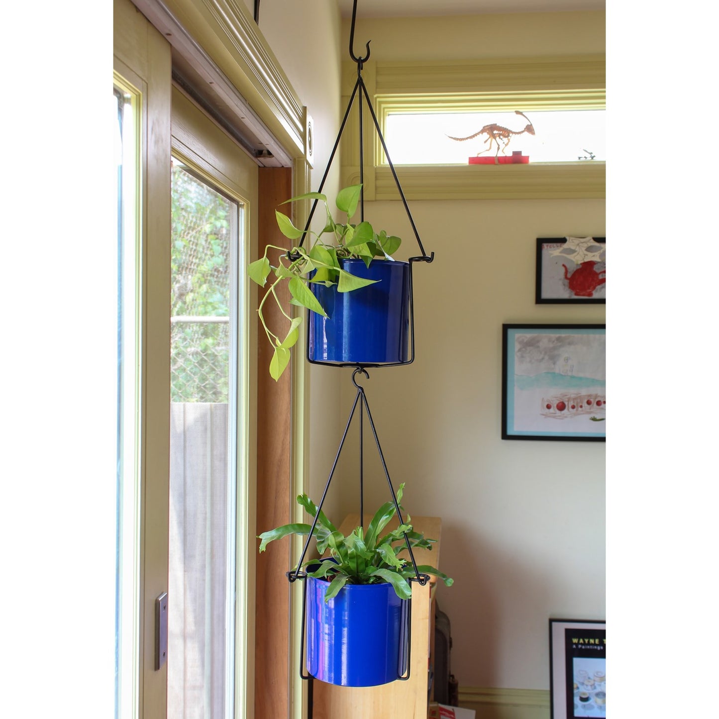 ACHLA Vera Hanging Planter Pot | French Blue Galvanized Steel and Black Wrought Iron | Indoor & Outdoor Container Garden | Model BH-03-62FB