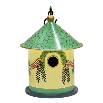 ACHLA Bastion Birdhouse | Hand-Painted Iron & Wood, Yellow & Teal | Garden & Patio Accent | 8in Dia x 12in H | Model BH-20