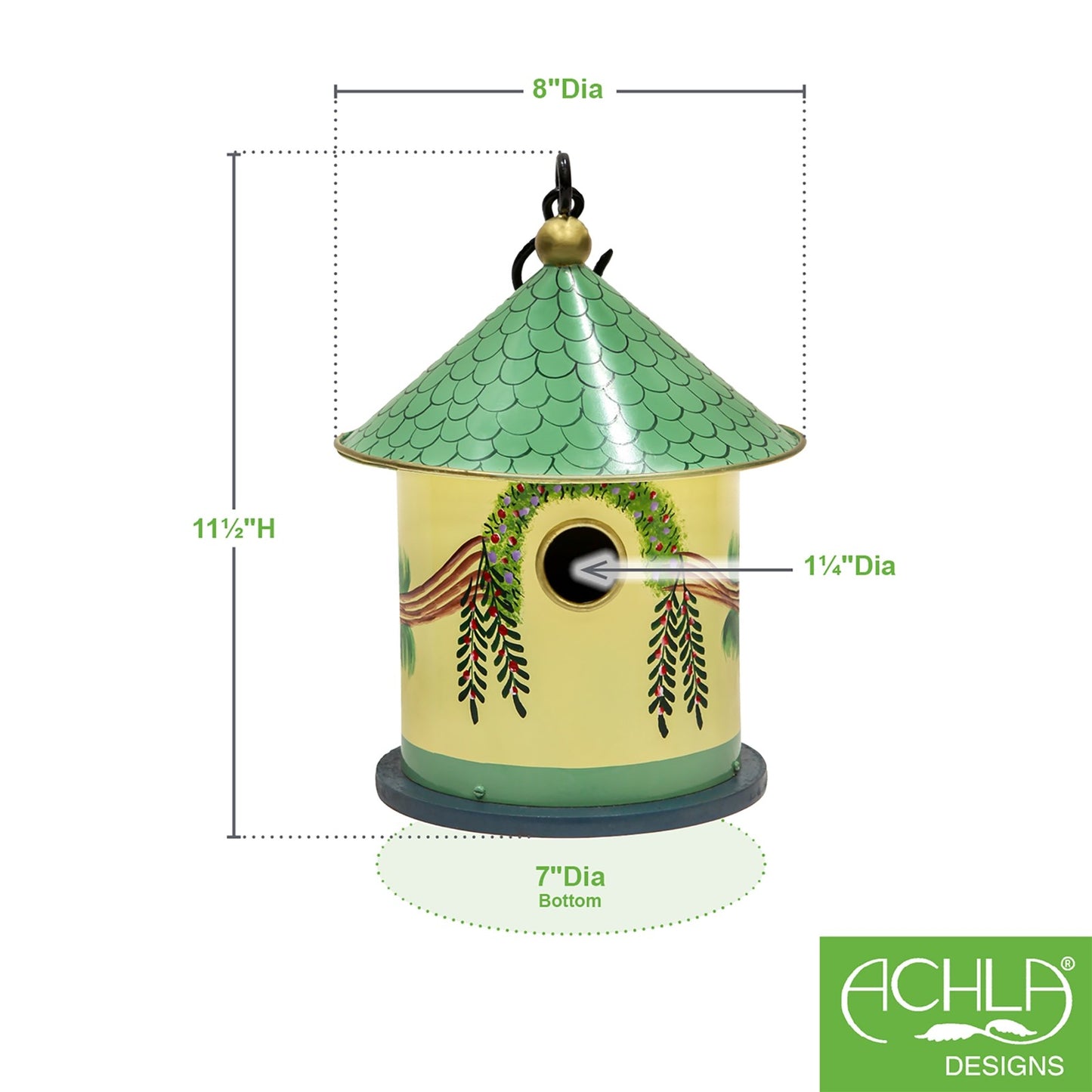 ACHLA Bastion Birdhouse | Hand-Painted Iron & Wood, Yellow & Teal | Garden & Patio Accent | 8in Dia x 12in H | Model BH-20