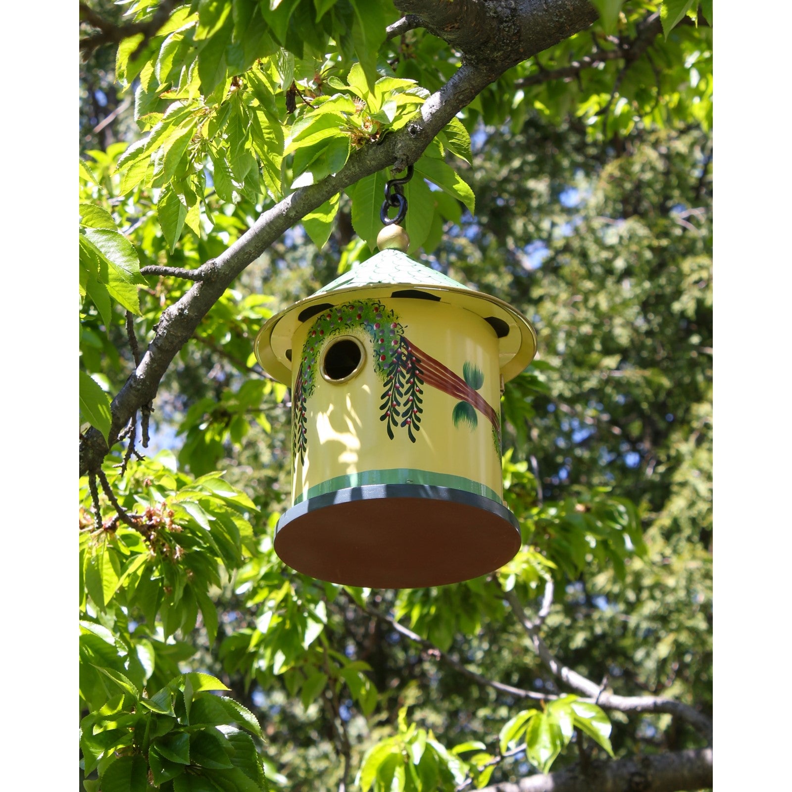 ACHLA Bastion Birdhouse | Hand-Painted Iron & Wood, Yellow & Teal | Garden & Patio Accent | 8in Dia x 12in H | Model BH-20