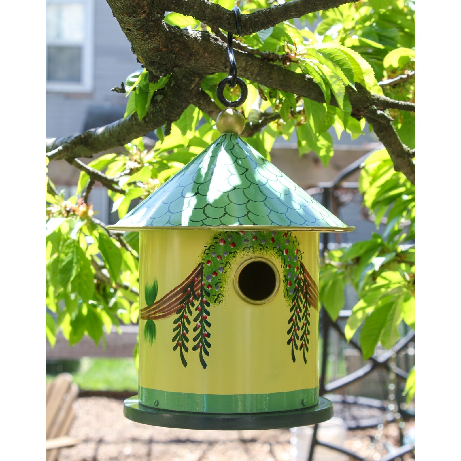 ACHLA Bastion Birdhouse | Hand-Painted Iron & Wood, Yellow & Teal | Garden & Patio Accent | 8in Dia x 12in H | Model BH-20
